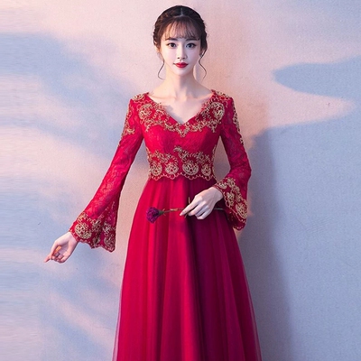 孕妇敬酒服新娘2024新款高腰大码遮肚红色结婚晚礼服裙女订婚长袖