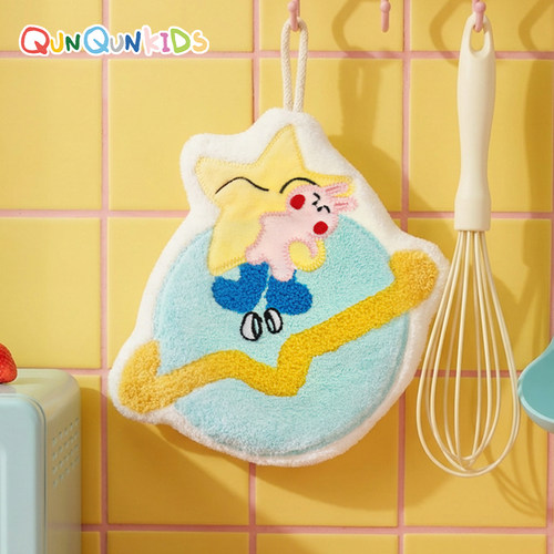 QUNQUNKIDS原创卡通星星小兔珊瑚绒擦手巾浴室厨房吸水挂巾可爱