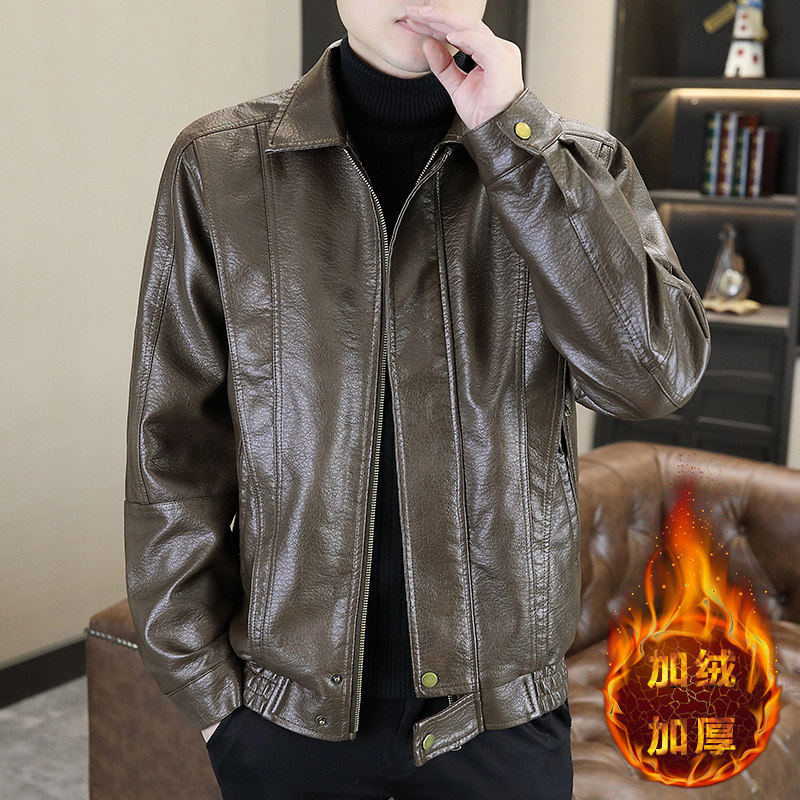 青年翻领加绒加厚机车皮衣冬季修身男士韩版潮流夹克百搭潮牌冬装
