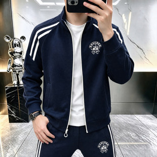 轻奢潮牌立领夹克套装男老钱风高端刺绣工装外套搭配长裤两件一套