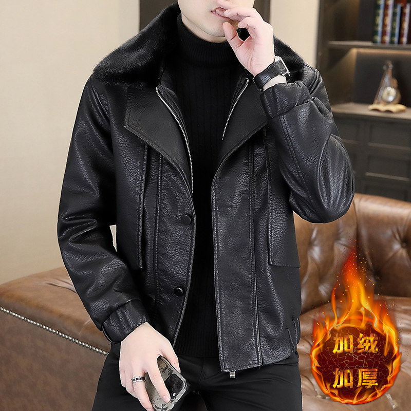 皮衣男假两件皮夹克青年百搭翻领