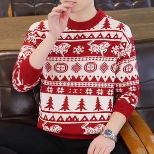 欧洲站毛衣男秋冬新款时尚战马提花圆领修身百搭本命年红色上衣男