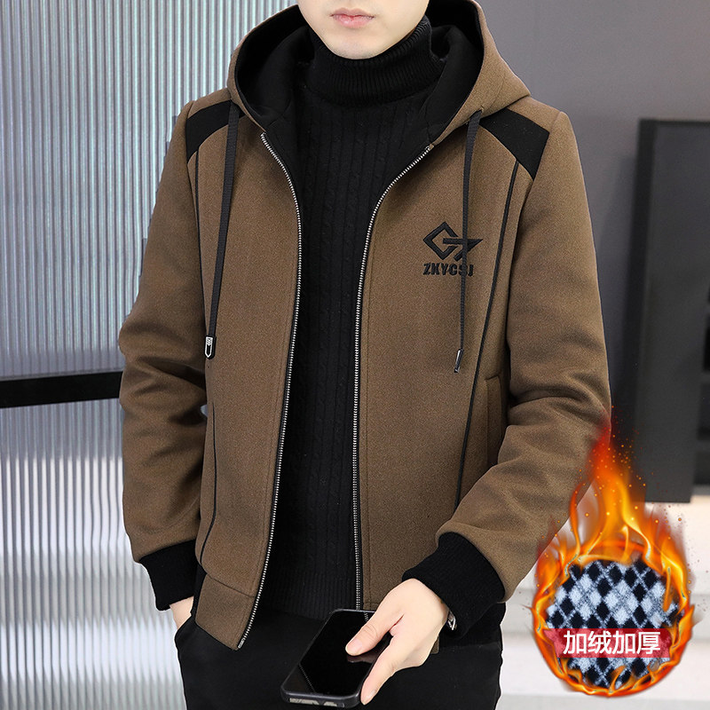 2025秋冬季连帽夹克男韩版高端加绒加厚风衣青年保暖毛呢大衣外套