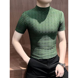 半高领提花t恤短袖男款爆款2026新款网红洋气炸街男装休闲打底衫