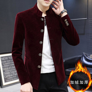 外套男士加绒加厚秋冬季韩版中山装青年潮流帅气立领西装唐装夹克