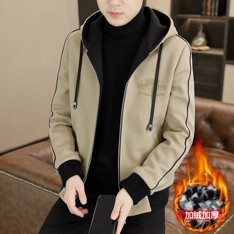 秋冬季连帽毛呢夹克男韩版加绒加厚高端工装短款风衣呢子大衣外套