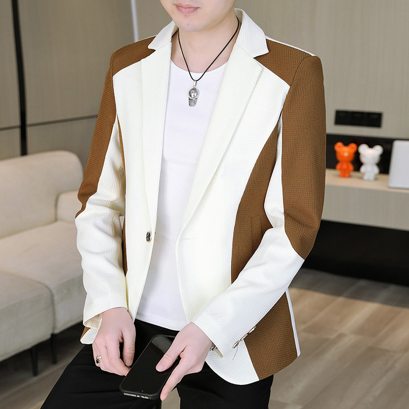 봄 가을 캐주얼 소형 정장 남성용 한국 스타일 트렌디 한 슬림 피팅 및 잘 생긴 유니섹스 탑 세련된 컬러 블로킹 블레이저