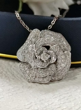 18K金山茶花玫瑰花钻石吊坠1克拉满钻经典时尚锁骨链闺蜜同款吊坠