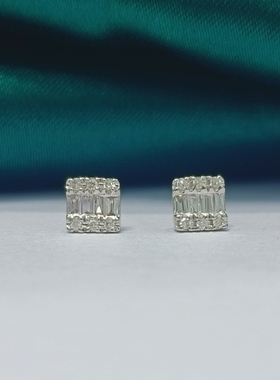 18K白冰糖钻石耳钉小方糖16分真钻T方群镶时尚经典百搭定 配证书