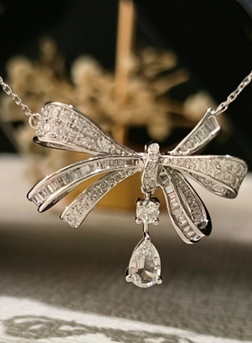 18K金满钻镶嵌天然南非钻石蝴蝶结水滴项链 时尚百搭轻奢显贵高端