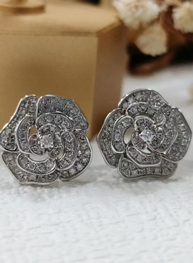 18K钻石耳钉 镶嵌天然钻石耳环 玫瑰花华丽百搭群镶时尚耳饰 耳钉