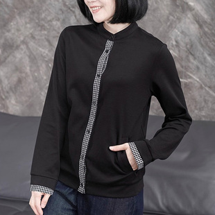 纯棉立领衬衫女款长袖春秋内搭拼接格子宽松打底衫减龄上衣可外穿