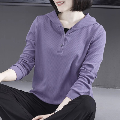春秋长袖连帽上衣女款纯棉T恤衫