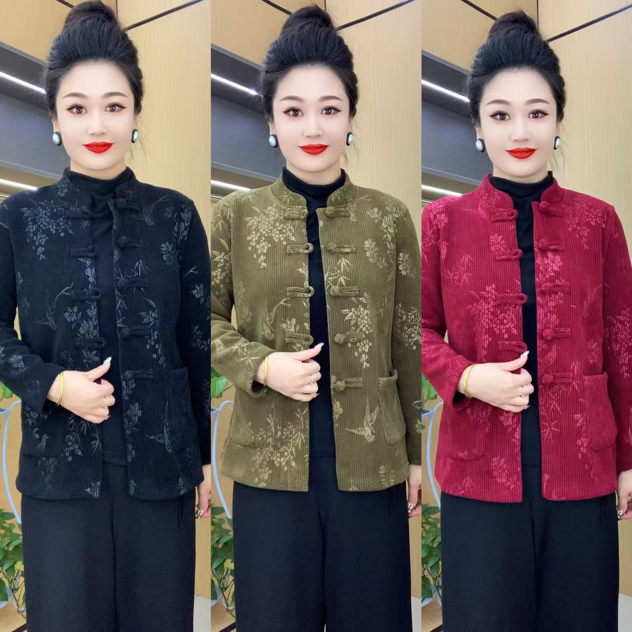 【加绒】男女同款冬季时尚竖条绒盘扣双兜小衫外套