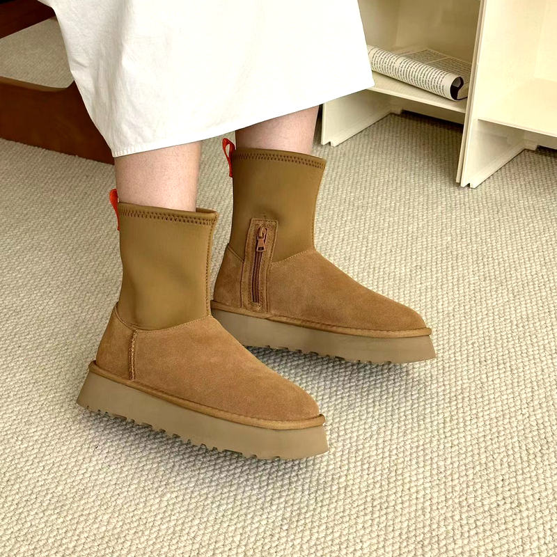 纯羊毛松糕厚底雪地靴弹力布袜子