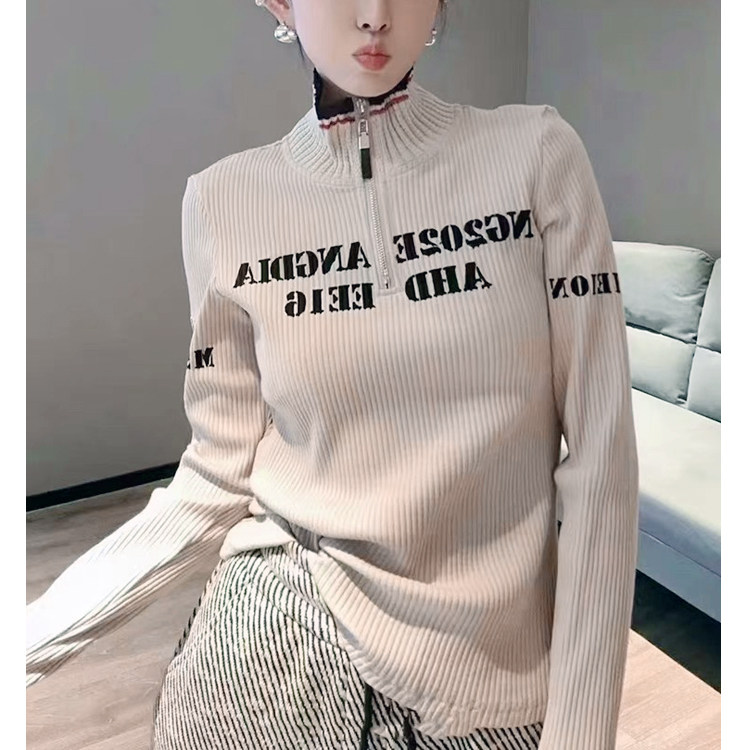 长袖欧货字母印花坑条T恤打底衫