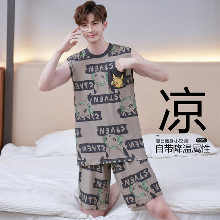 皮卡丘卡通睡衣男夏季无袖莫代尔凉感透气宽松学生家居服套装薄款