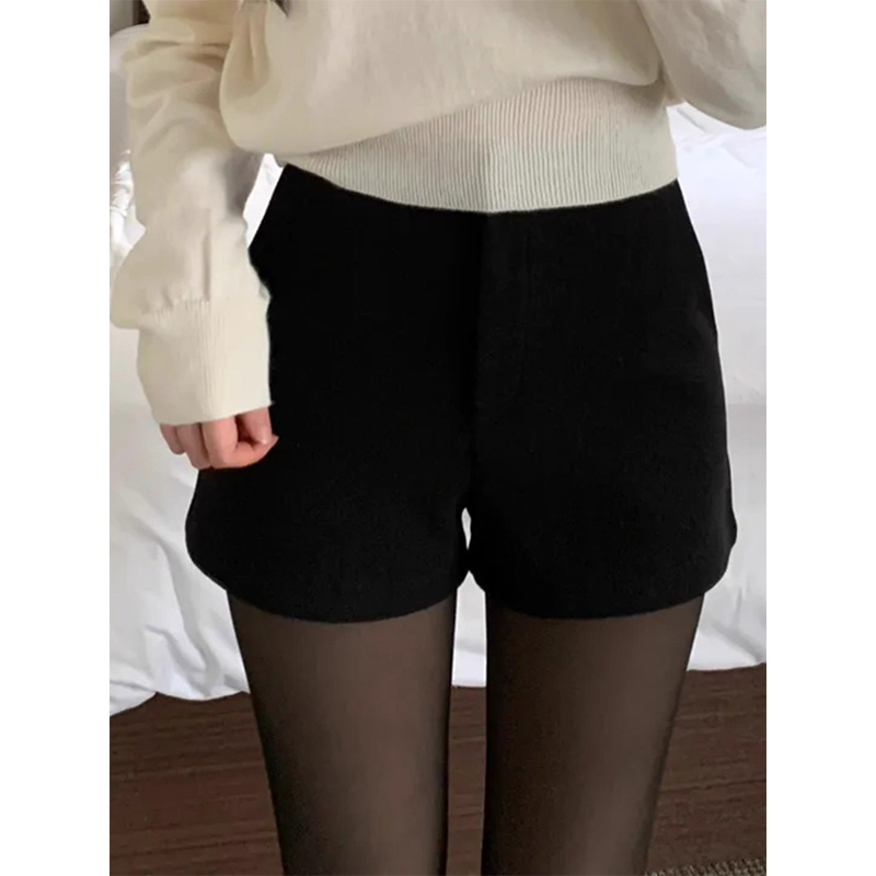 黑色毛呢高腰短裤女秋打底三分裤