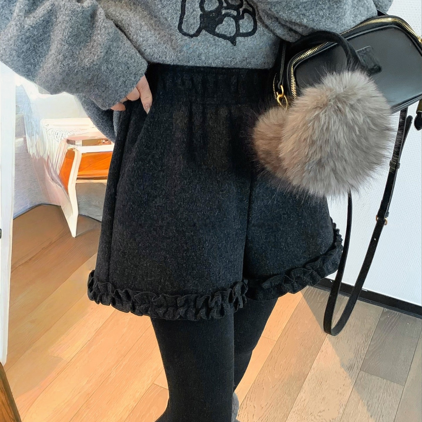 大码胖mm花边短裤女2025秋冬季新款超好看高腰a字休闲毛呢阔腿裤