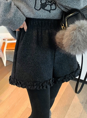 大码胖mm花边短裤女2025秋冬季新款超好看高腰a字休闲毛呢阔腿裤