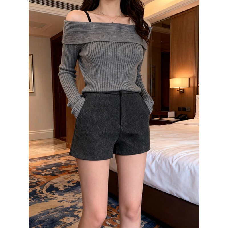 深灰色毛呢短裤女2025秋直筒裤女