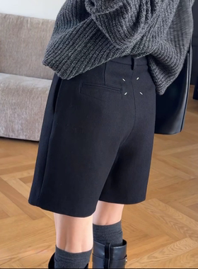 冬季新款高腰毛呢短裤女大码宽松显瘦直筒中裤靴裤梨型身材四分裤