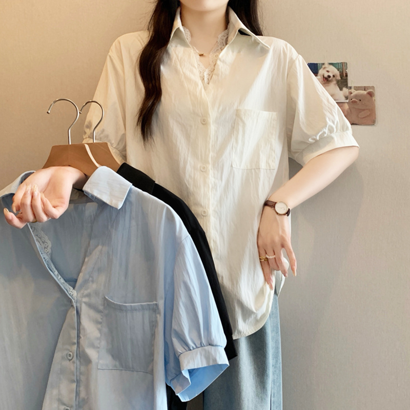大码法式蕾丝短袖衬衫女夏季时尚高级感白色衬衣胖MM遮肉显瘦上衣