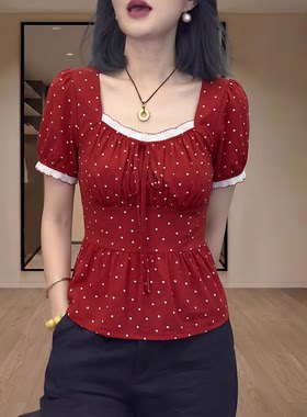 实拍大码女装方领爱心印花衬衫夏季胖mm显瘦超好看独特漂亮小上衣
