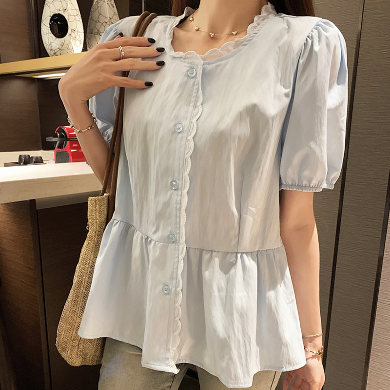 大码胖mm短袖衬衫女2025夏季新款设计感小众复古甜美泡泡袖上衣女