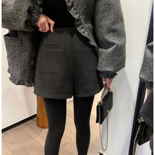 高腰百搭外穿小个子五分显瘦休闲靴裤 灰色毛呢短裤 秋冬女a字大码