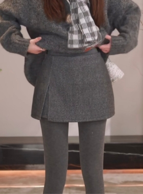 灰色新款时尚休闲秋冬季高腰打底不规则开叉设计毛呢半身裙裤女生