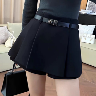 百褶短裙半身裙女 短裤 欧洲站2025秋冬款 黑色高腰显瘦毛呢A字裙裤