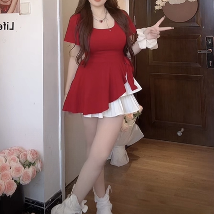 大码微胖mm不规则U领正肩收腰短袖T恤女夏季遮肚显瘦短袖上衣女
