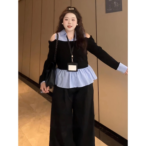 大码胖mm学院风条纹拼接露肩大码