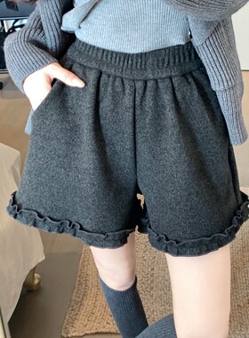 法式木耳花边毛呢短裤女胖mm大码2025秋冬新款高腰显瘦阔腿休闲裤