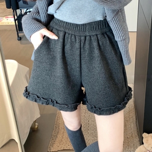 法式木耳花边毛呢短裤女胖mm大码2025秋冬新款高腰显瘦阔腿休闲裤