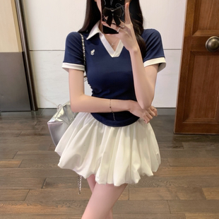 显瘦短款 刺绣翻领撞色正肩短袖 女装 t恤女半身裙套装 上衣 胖mm大码