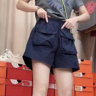 美式速干工装短裤女夏季高腰抽绳大口袋a字藏青色外穿阔腿五分裤