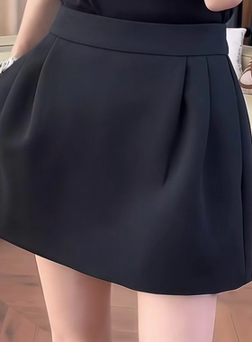 大码2026春夏高腰黑色褶皱百搭花苞短裙女胖mm遮胯显瘦a字半身裙