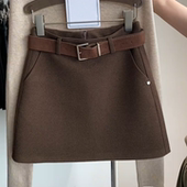 韩系复古咖色毛呢半身裙大码 胖mm2025秋冬新款 高腰显瘦百搭A字裙