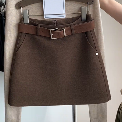 韩系复古咖色毛呢半身裙大码胖mm