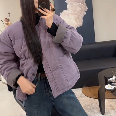 大码女装超好看紫色圆领灯芯绒棉衣外套2025冬季胖mm独特加厚棉服