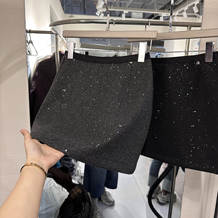 短裙女2025秋冬新款 欧韩货松紧腰设计感亮片百搭显瘦网红毛呢裙裤