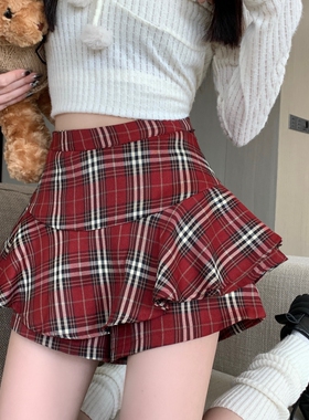 微胖MM蛋糕短裙半身裙女2025新款春夏季高腰红色复古A字格子裙裤