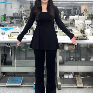 针织衫 微胖mm显瘦遮肚长袖 早秋chic上衣女黑色收腰内搭打底衫 大码