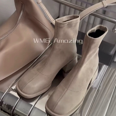 「WM6」特价 35 码 羊反绒皮弹力短靴粗跟休闲时装靴