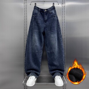 2025冬季男士加绒牛仔裤男美式复古宽松阔腿裤直筒长裤潮牌弯刀裤