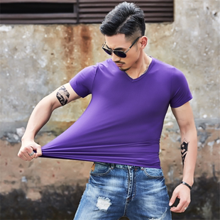 纯色V领半袖 工服定制logo 紫色衣服大码 夏季 男装 t恤短袖 9.9元 男士