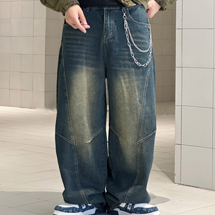 2025春秋立体裁剪美式复古水洗做旧阔版弯刀高街宽松牛仔裤潮