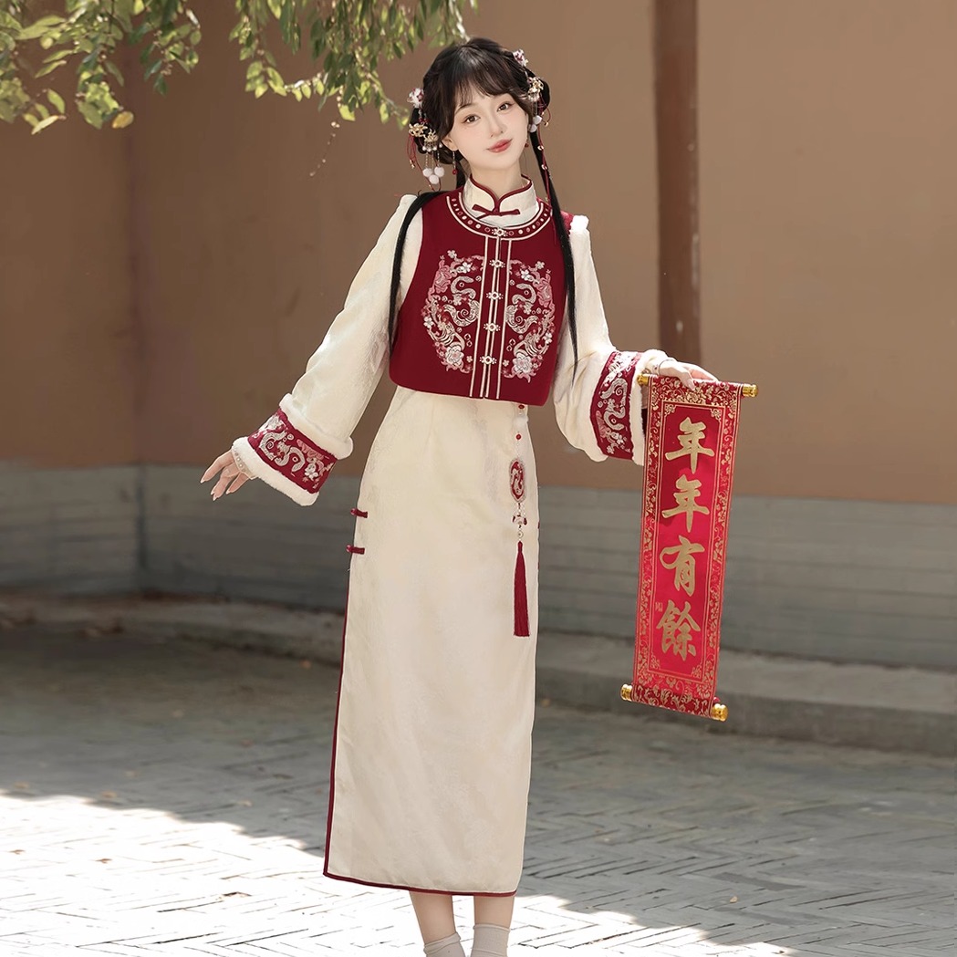 旗袍女秋冬国风红色马甲小个子新中式拜年服2025蛇年过年新年战袍